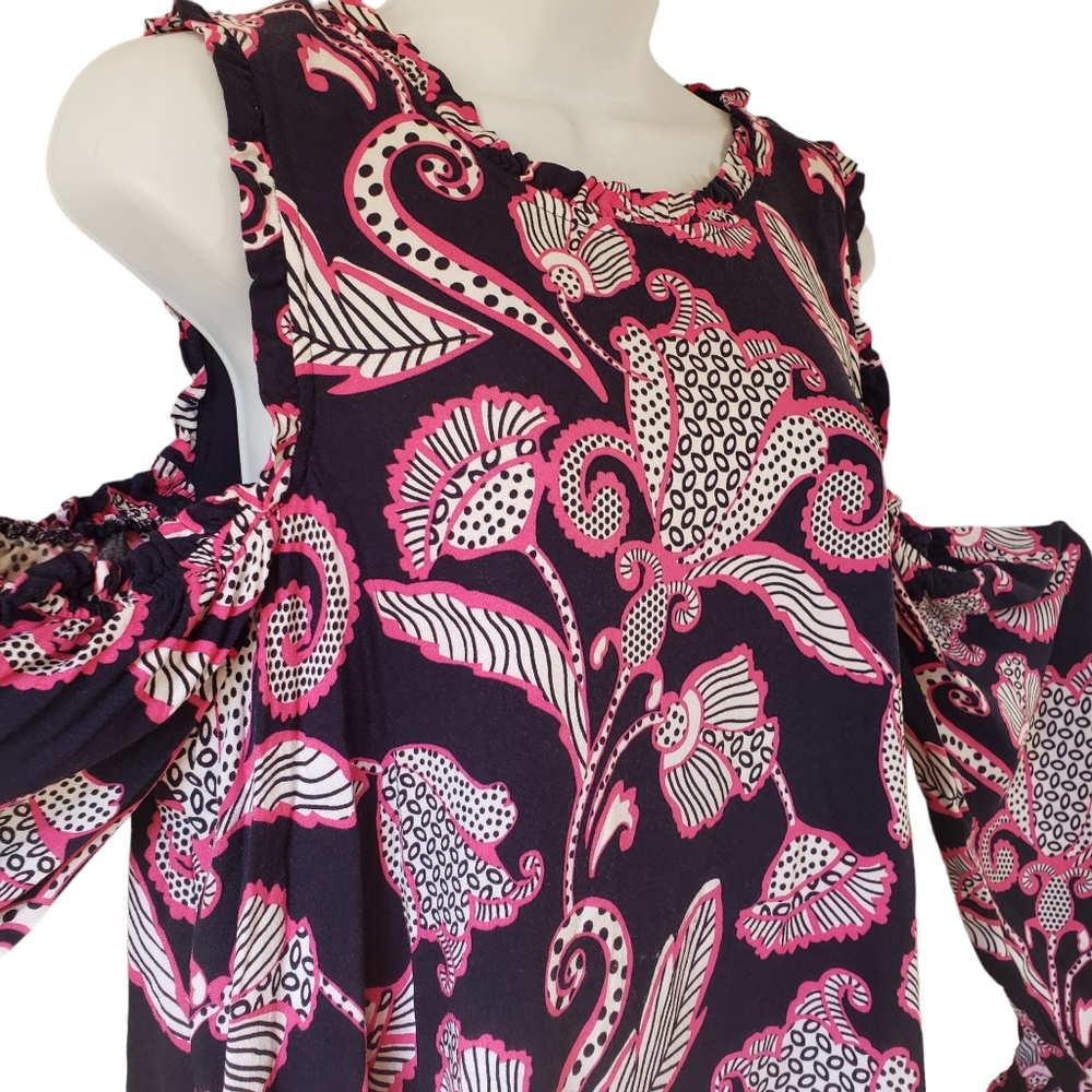 Crown and Ivy Cold Shoulder Dress Navy Blue Pink Floral Preppy Women’s Large